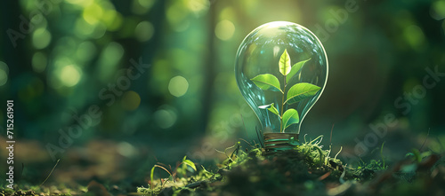 Tree seeds in a light bulb against a green forest backdrop, symbolizing eco-technology, green business, innovation in eco-industries, and renewable energy.