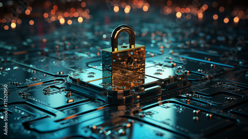 A reflective gold padlock secures a circuit board, metaphorically showcasing concepts of cybersecurity and encrypted technology systems. 