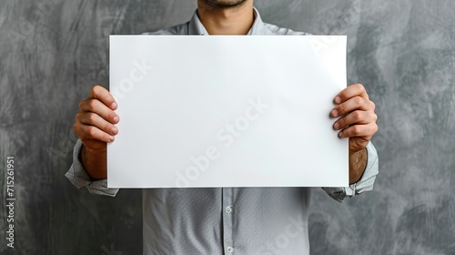 Man holding an empty sign board in clean backdrop with a big empty space, Generative AI. photo
