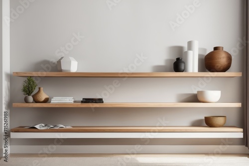 Interior home design of living room with wood floating shelf on white wall