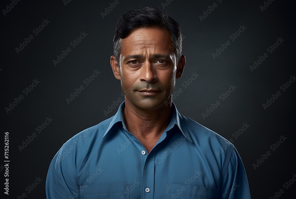 Portrait of a serious Indian man in blue shirt on dark background