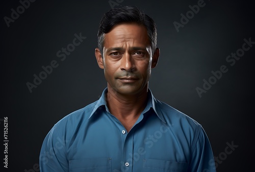 Portrait of a serious Indian man in blue shirt on dark background