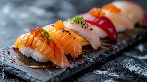 Exquisite sushi nigiri presented on a minimalist slate.