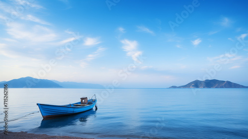 A small blue boat sailing in the middle of the sea in the morning.
