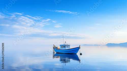 A blue fishing boat sailing on the sea in the morning