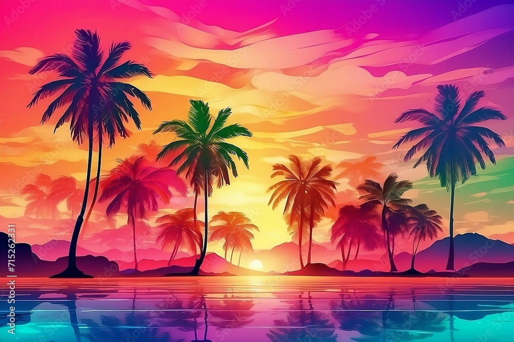 Colorful palm silhouettes background, Generative Ai - obrazy, fototapety, plakaty 