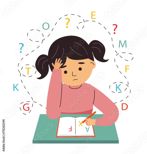 Dysgraphia, dyslexia and  learning difficulties concept. Vector illustration. Young girl  character has problems with reading, writing.