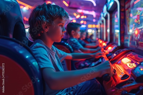 Motorbike riding game in the neon lights arcade is entertaining for tiny children, space, Generative AI. © Grandpas