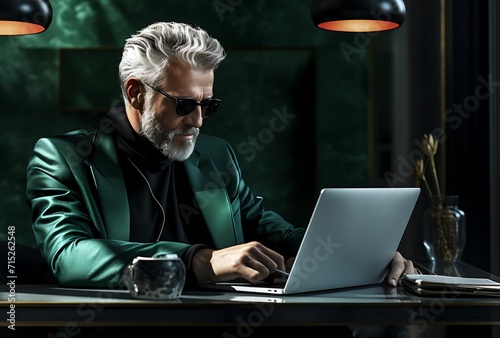 Portrait of a stylish mature man in a green jacket and sunglasses working on a laptop in a dark office.