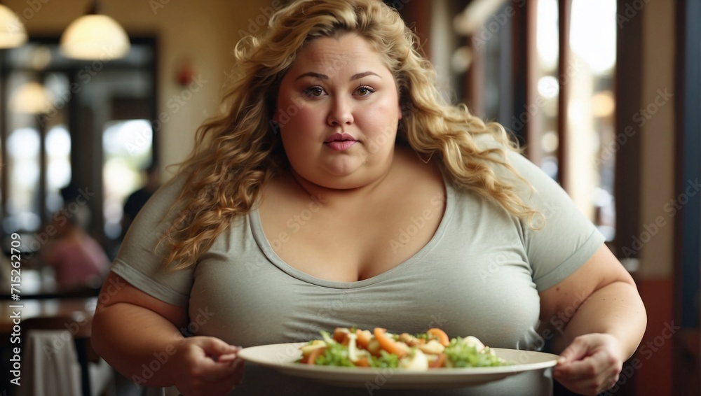 Overweight woman holding plate in a restaurant. Unhealthy diet and junk food concept. Bad nutrition idea. Copy space.