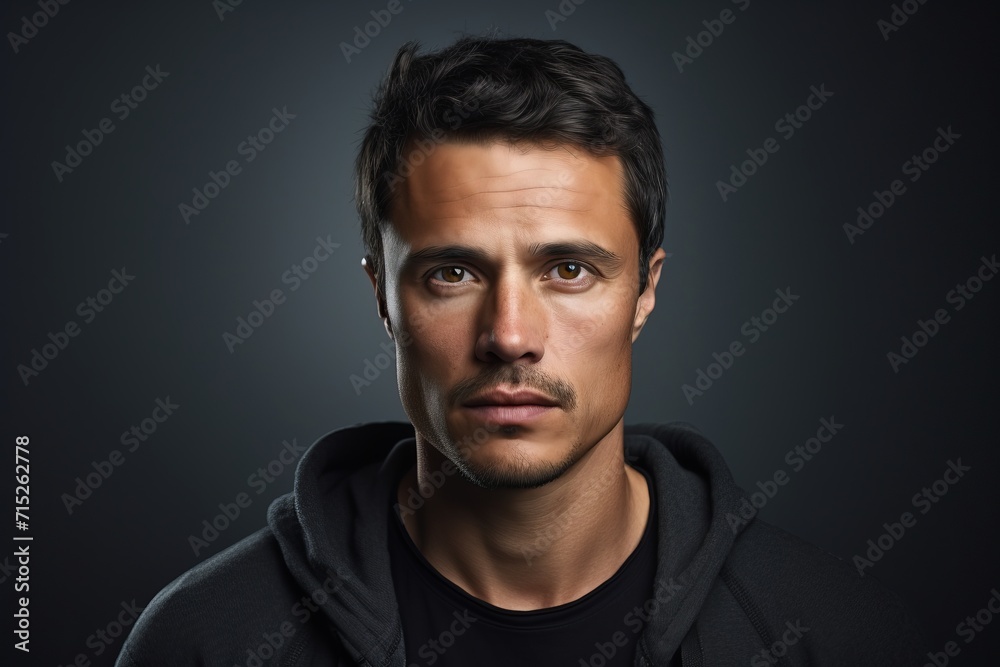 Portrait of a man with black hoodie on a dark background