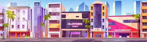 Modern city street with shops and road. Vector cartoon illustration of cityscape buildings, supermarket, restaurant, hotel facade, palm trees along roadside, skyscraper silhouettes, blue morning sky