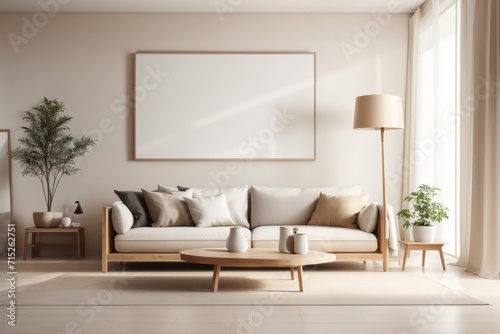 Scandinavian interior home design of living room with wood sofa and blank poster frame mockup