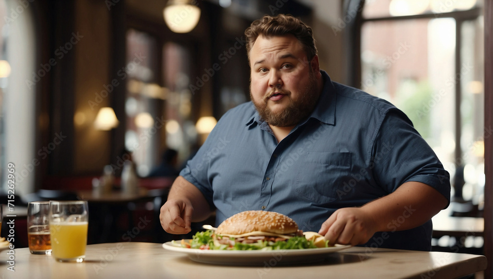 Overweight man holding plate with food in a restaurant. Unhealthy diet and junk food concept. Bad nutrition idea. Copy space. Overweight man holding plate with food in a restaurant. Unhealthy diet and junk food concept. Bad nutrition idea. Copy space.