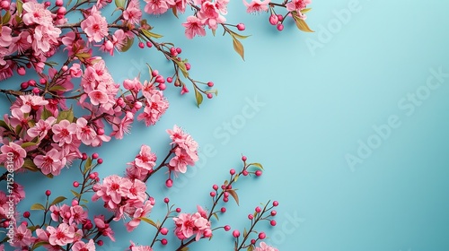 On a pastel blue backdrop  pink cherry blossoms are outlined with branches and leaves  space  Generative AI.