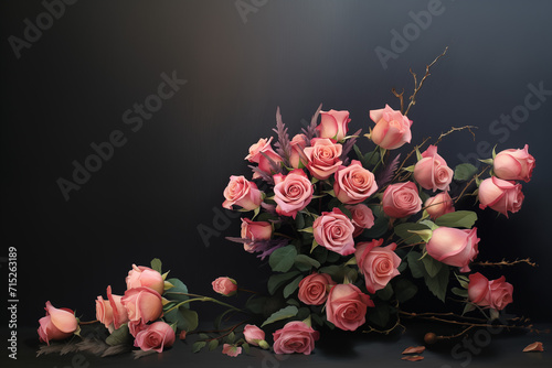 bouquet de roses rose dont une partie des fleurs est tombée du vase. Peinture à l'huile romantique avec espace texte sur fond gris © Noble Nature