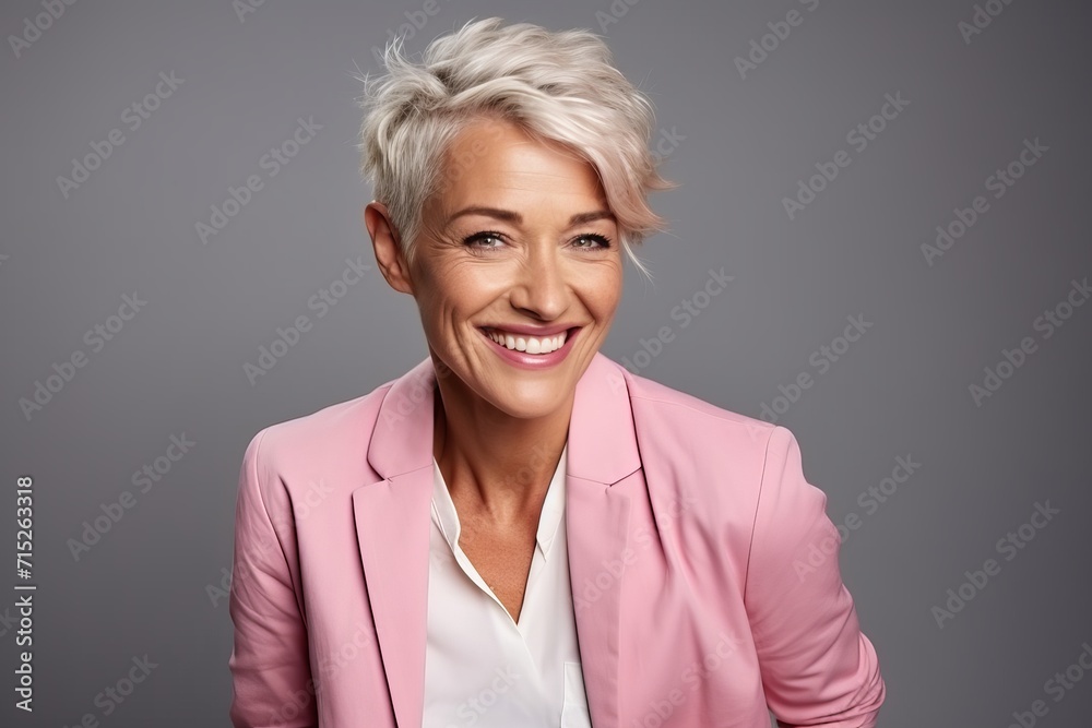 Portrait of a happy senior businesswoman smiling at the camera over grey background Portrait of a happy senior businesswoman smiling at the camera over grey background
