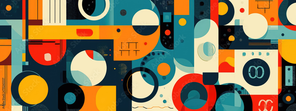 Abstract background with a Bauhaus pattern featuring geometric shapes and a bright color palette Abstract background with a Bauhaus pattern featuring geometric shapes and a bright color palette