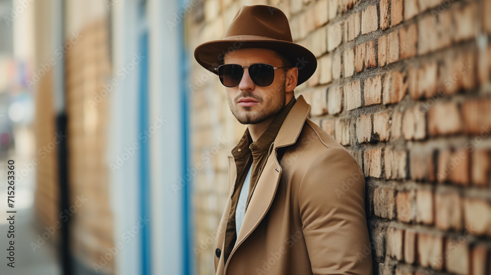 Stylish man in coat leaning on brick wall. Stylish man in coat leaning on brick wall.