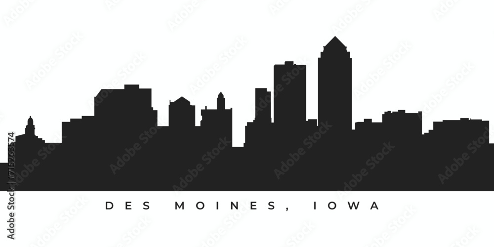 Des Moines city skyline silhouette. Iowa cityscape illustration in vector