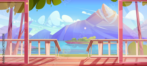 Mountain lake view from wooden terrace. Vector cartoon illustration of chalet house veranda with glass door, beautiful spring nature scenery with rocky peaks, green trees, clouds in blue sunny sky