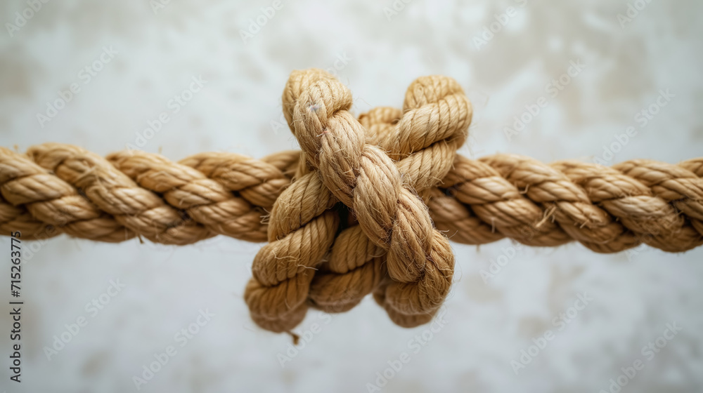 Close-up of a knot tied in a thick rope.