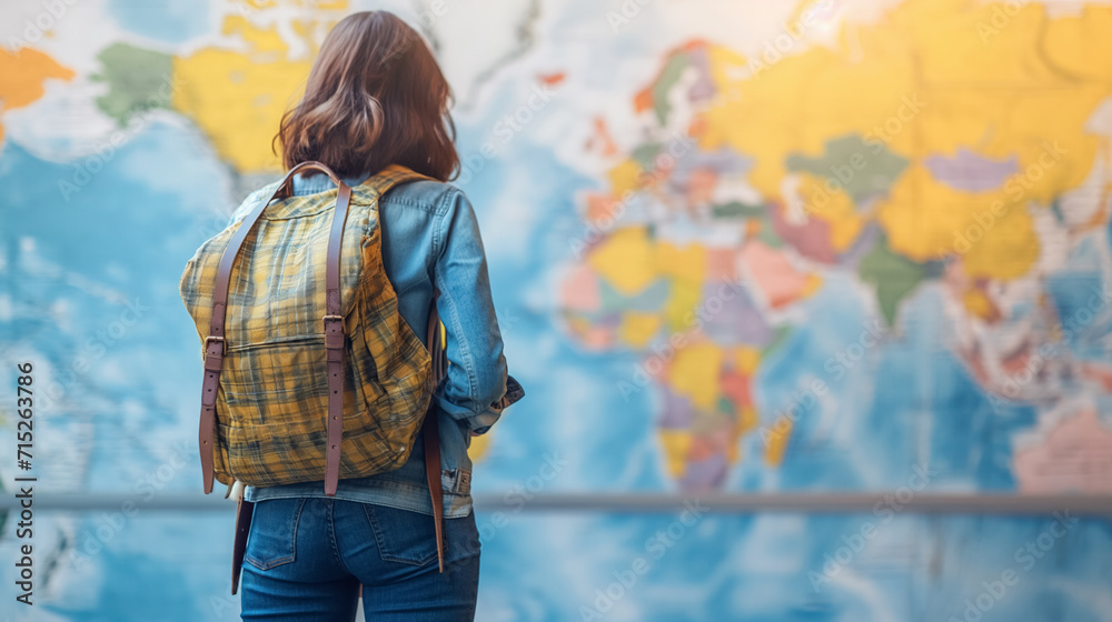 Fototapeta premium Traveler with backpack looking at world map.