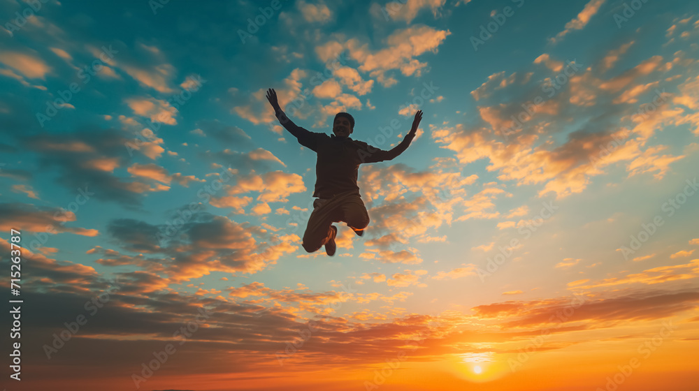Man jumping joyfully against a sunset sky.