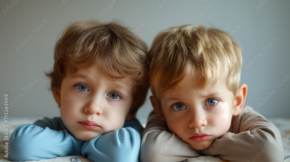 Two young boys with thoughtful expressions. Two young boys with thoughtful expressions.