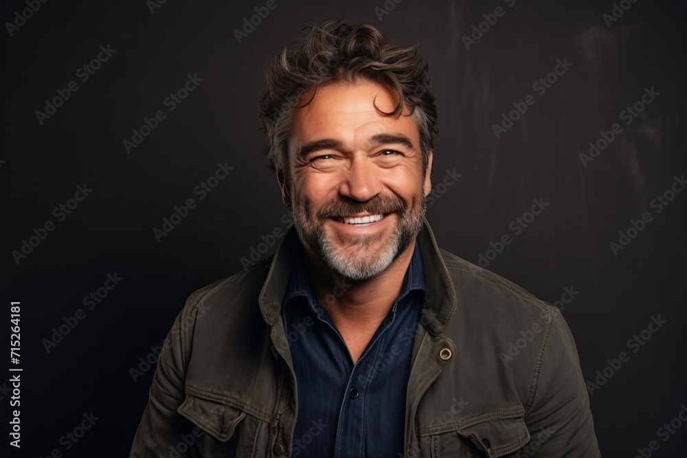 Portrait of a handsome middle-aged man smiling against a dark background