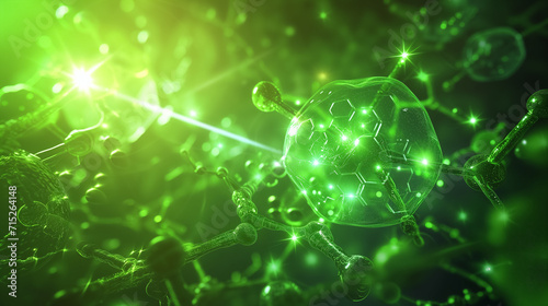 Illuminated green virus structure under microscope.