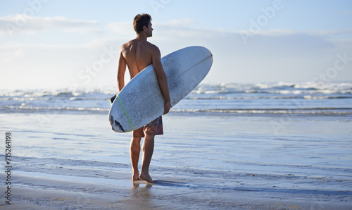 Photography Fitness, surfing and back of man at a beach with surfboard for freedom, travel or sports outdoor