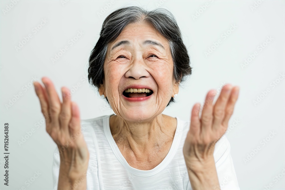 歓声をあげて応援する笑顔の日本人女性のおばあちゃん（白背景・オリンピック・日本代表・ワールドカップ・世界大会・Jリーグ・野球・スポーツ） - obrazy, fototapety, plakaty 