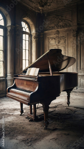 Aged antique grand piano in an old, rustic castle. Music history concept.