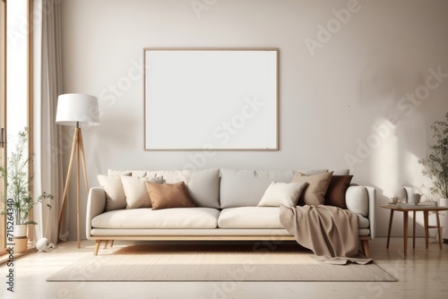 Scandinavian interior home design of living room with wood sofa and blank poster frame mockup