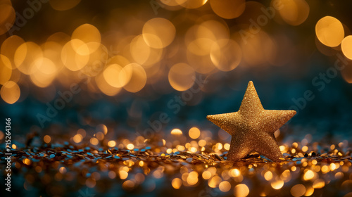 Golden star on a glittering bokeh background.