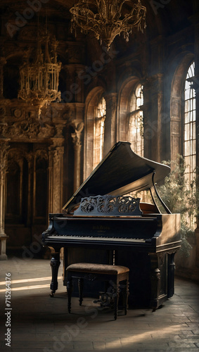 Aged antique grand piano in an old, rustic castle. Music history concept.