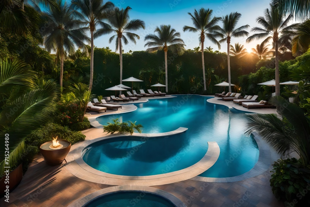 Envision an oasis of serenity as you craft an image featuring lush, beautiful palms surrounding an inviting blue hotel pool.

