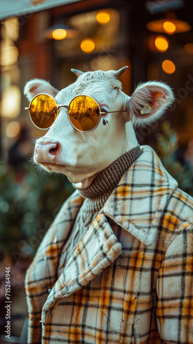 Elegant cow graces city streets in tailored fashion, epitomizing street style. The realistic urban backdrop frames this chic bovine, seamlessly blending pastoral charm with contemporary elegance in a 