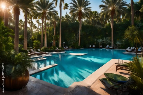 Envision an oasis of serenity as you craft an image featuring lush  beautiful palms surrounding an inviting blue hotel pool.  