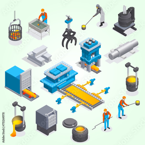 metallurgy foundry industry isometric set with sixteen isolated icons plant facilities factory equip