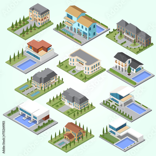 mansion villa isometric set luxurious majestic
