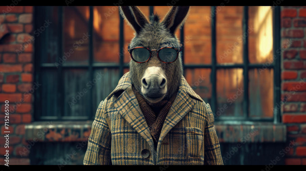 Dapper donkey strides through city streets in tailored elegance, embodying street style. The realistic urban backdrop frames this fashionable equine, seamlessly merging charm with contemporary flair i
