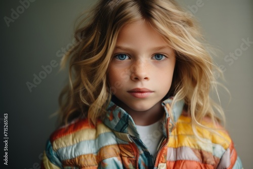 Portrait of a beautiful little girl with blond hair in a colorful jacket