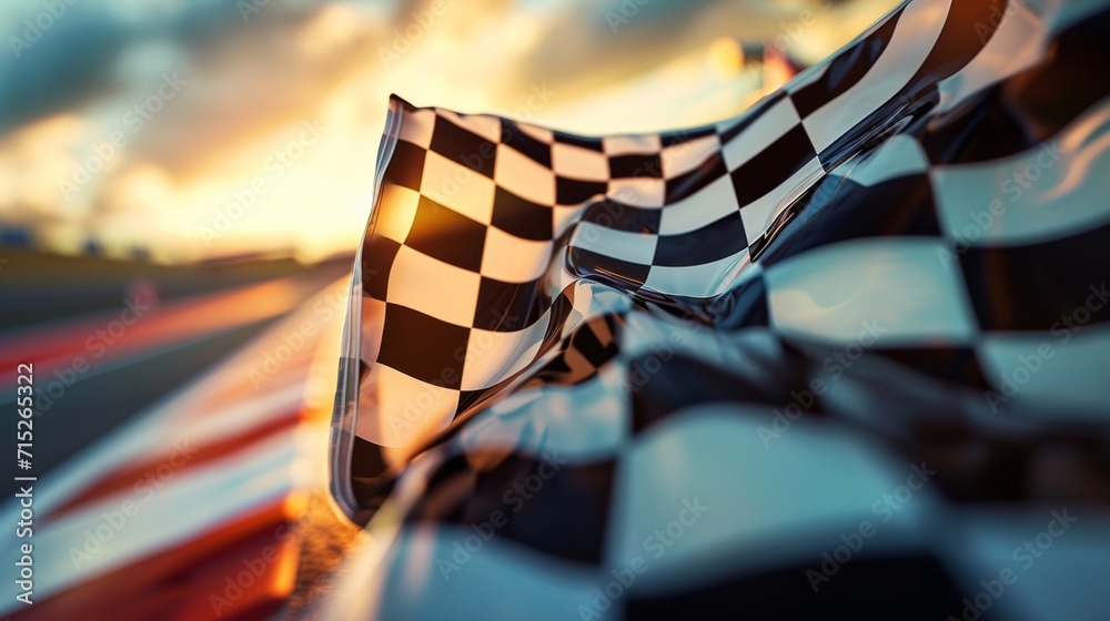 A closeup of a checkered flag being waved frantically signaling the end of the race and the triumphant rush of the racing pulse coming to a pulseracing finish - obrazy, fototapety, plakaty 
