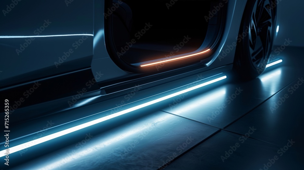 A side view of a car door being od revealing the door sill with white neon lights that illuminate the surroundings making for a welcoming and sophisticated entrance - obrazy, fototapety, plakaty 