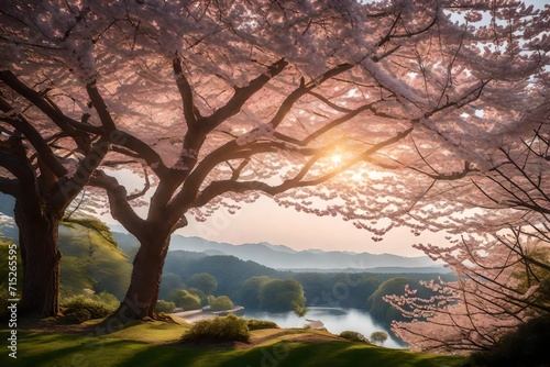 Step into a dreamlike world as you conjure an image of cherry blossoms in full bloom, creating a breathtaking scene in a serene park.