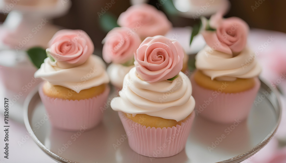 Rose Cupcake on shelf at wedding party background