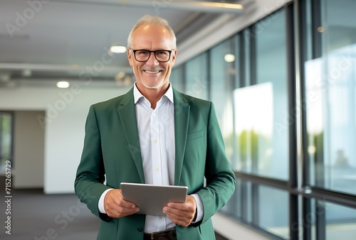 Handsome senior businessman using digital tablet in office. Mature man in formalwear holding digital tablet and smiling.