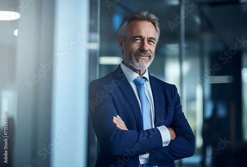 Portrait of confident mature businessman standing with arms crossed in modern office